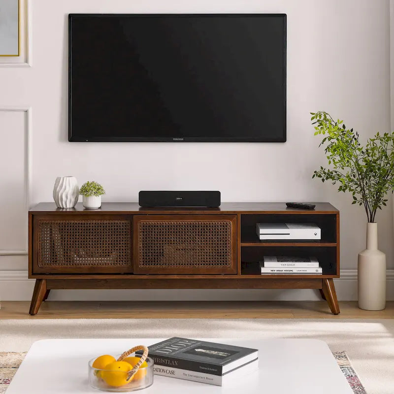 Walnut 59 TV Stand with Open Shelves & Rattan Doors for 65 TVs