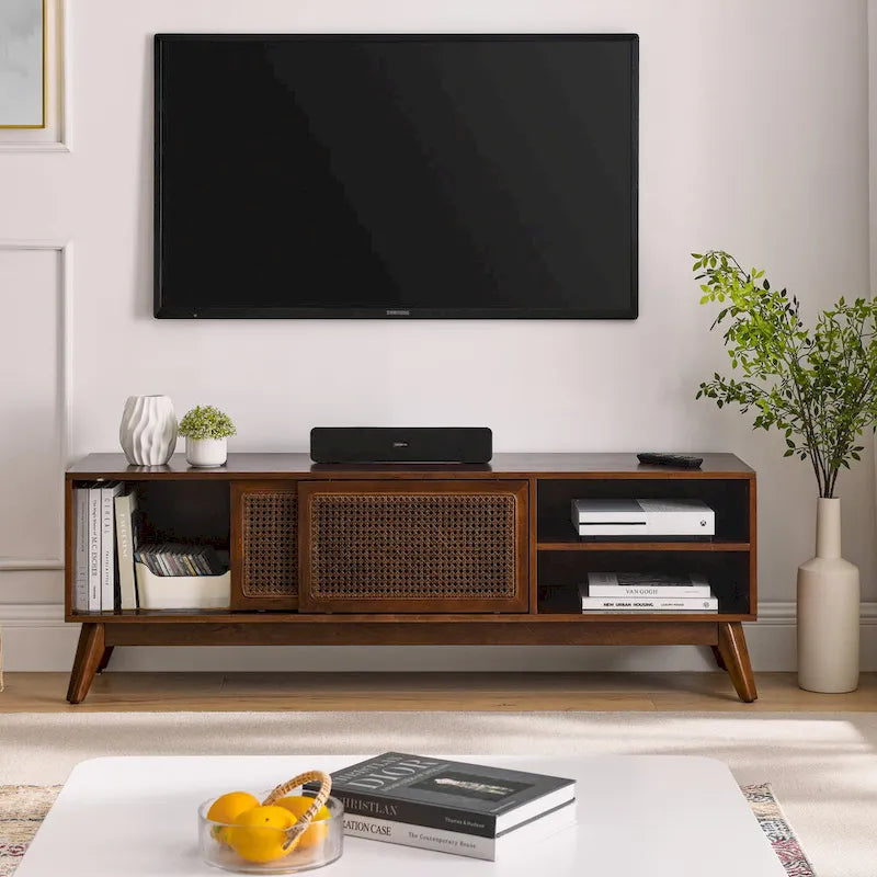 Meuble TV Noyer 59 po avec étagères ouvertes et portes en rotin pour téléviseurs 65 po