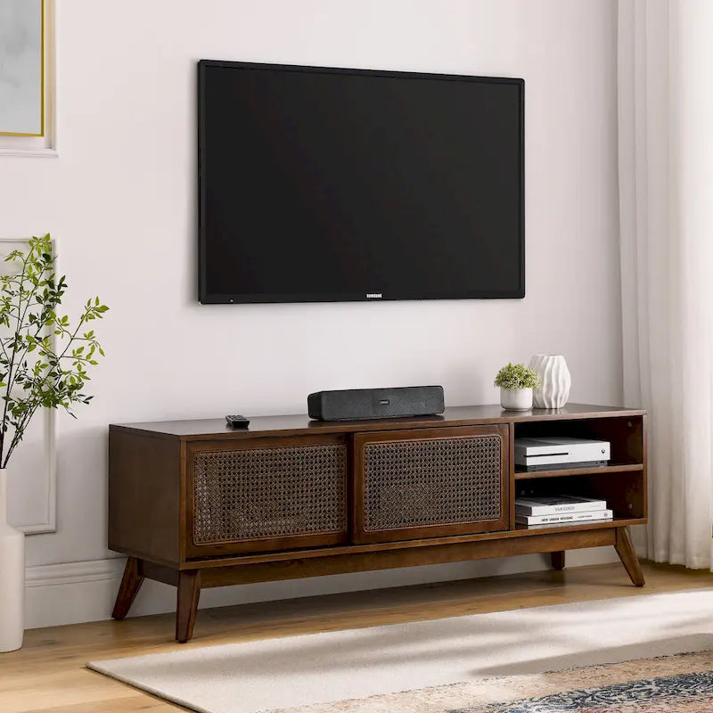 Meuble TV Noyer 59 po avec étagères ouvertes et portes en rotin pour téléviseurs 65 po