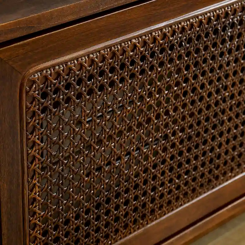Meuble TV Noyer 59 po avec étagères ouvertes et portes en rotin pour téléviseurs 65 po