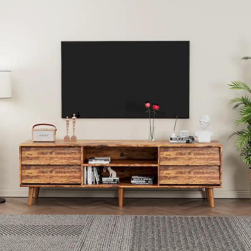 Meuble TV vintage de 63 po avec étagères et tiroirs pour téléviseurs de 60 po