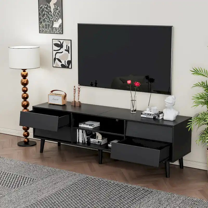 Meuble TV vintage de 63 po avec étagères et tiroirs pour téléviseurs de 60 po