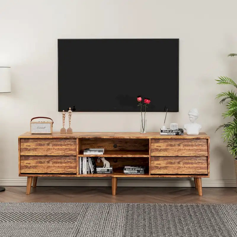 Meuble TV vintage de 63 po avec étagères et tiroirs pour téléviseurs de 60 po