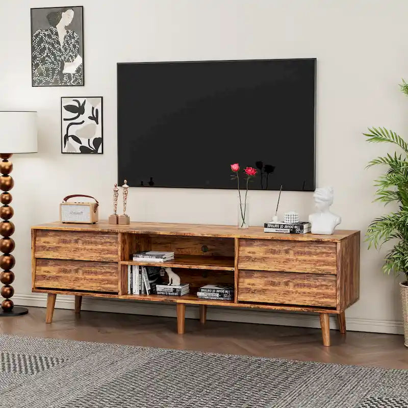 Meuble TV vintage de 63 po avec étagères et tiroirs pour téléviseurs de 60 po