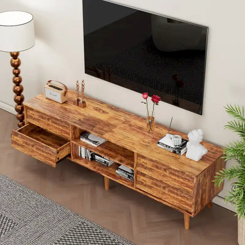 Meuble TV vintage de 63 po avec étagères et tiroirs pour téléviseurs de 60 po