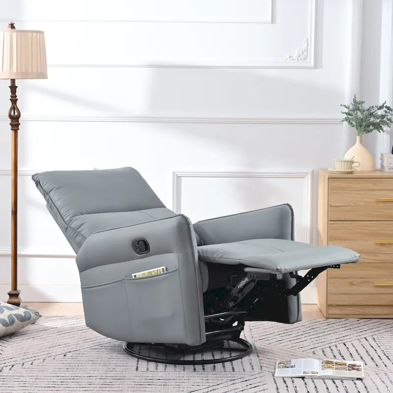 Fauteuil inclinable, pivotant et basculant en similicuir bleu-gris avec poches et dossier