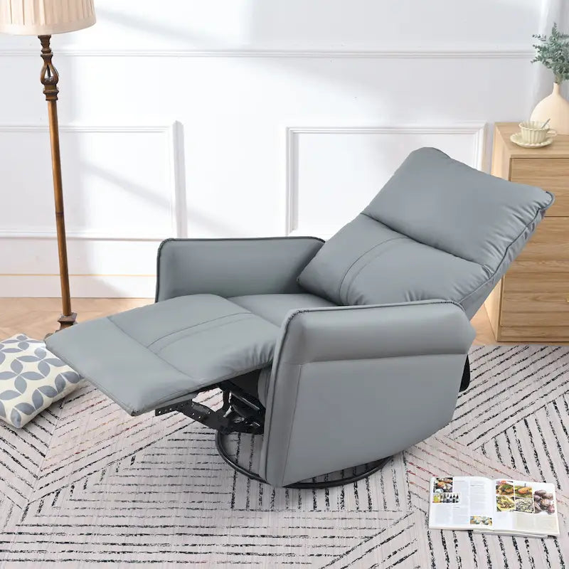 Fauteuil inclinable, pivotant et basculant en similicuir bleu-gris avec poches et dossier