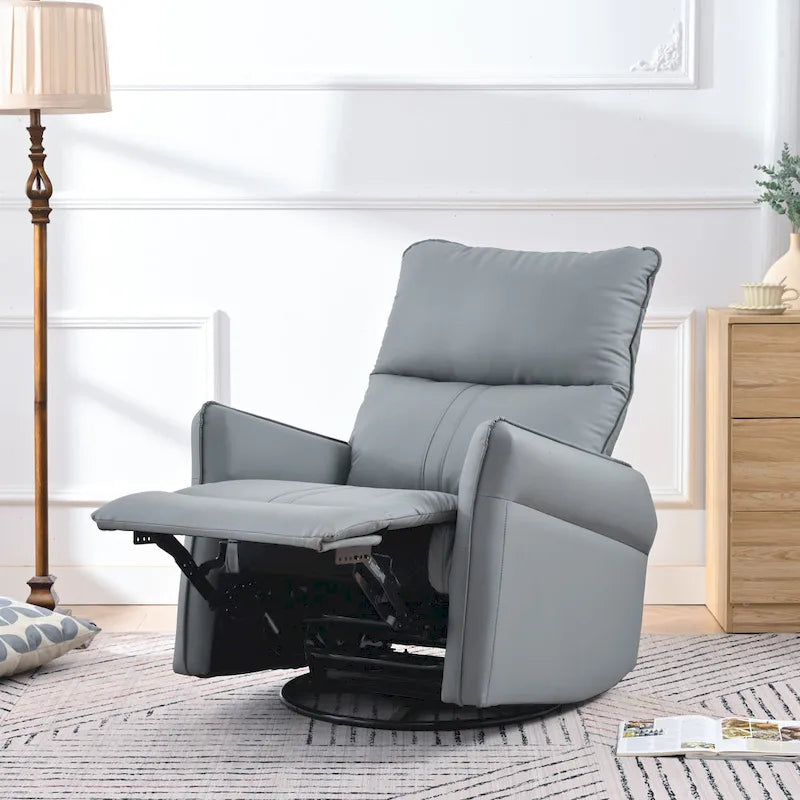 Fauteuil inclinable, pivotant et basculant en similicuir bleu-gris avec poches et dossier