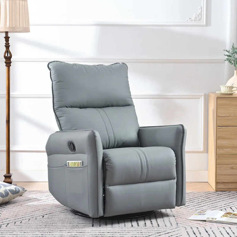Fauteuil inclinable, pivotant et basculant en similicuir bleu-gris avec poches et dossier