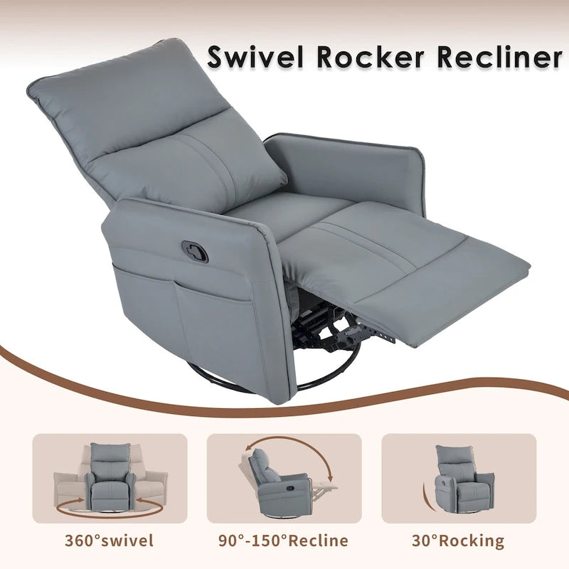 Fauteuil inclinable, pivotant et basculant en similicuir bleu-gris avec poches et dossier