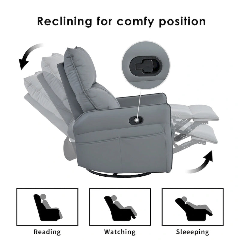 Fauteuil inclinable, pivotant et basculant en similicuir bleu-gris avec poches et dossier