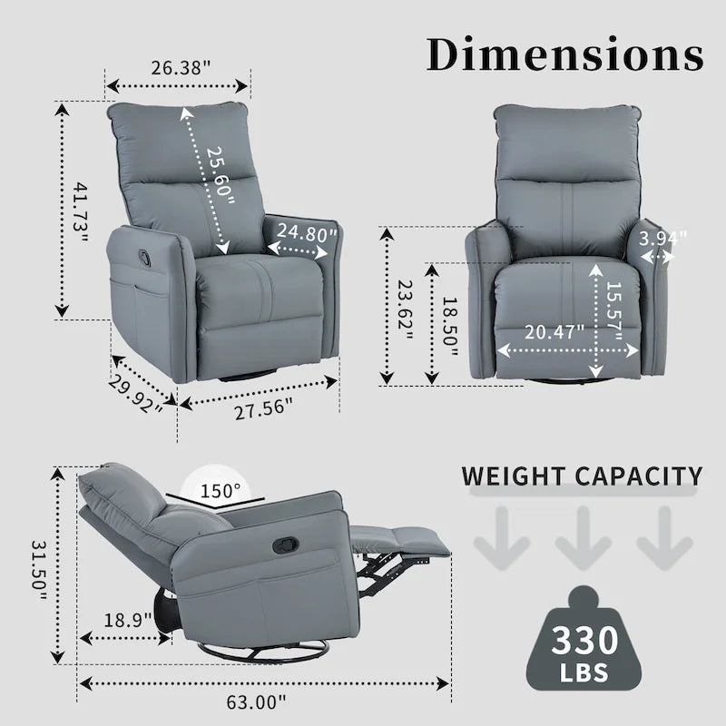 Fauteuil inclinable, pivotant et basculant en similicuir bleu-gris avec poches et dossier