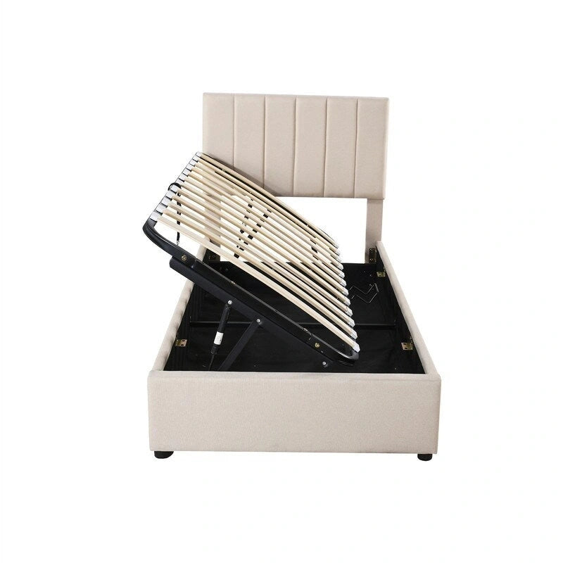 Lit de rangement relevable simple avec tête de lit et rangement inférieur, lit plateforme rembourré avec système de rangement hydraulique
