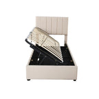 Lit de rangement relevable simple avec tête de lit et rangement inférieur, lit plateforme rembourré avec système de rangement hydraulique