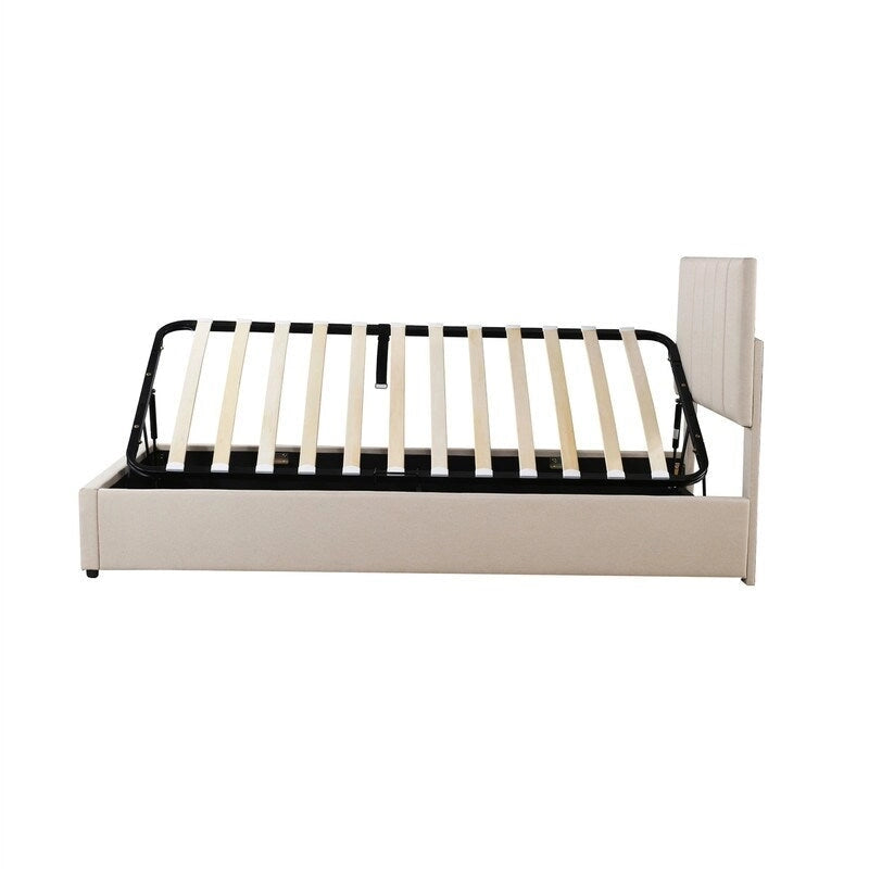Lit de rangement relevable simple avec tête de lit et rangement inférieur, lit plateforme rembourré avec système de rangement hydraulique