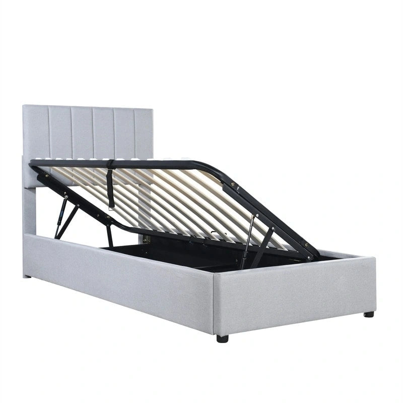 Lit de rangement relevable simple avec tête de lit et rangement inférieur, lit plateforme rembourré avec système de rangement hydraulique