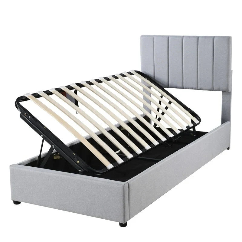 Lit de rangement relevable simple avec tête de lit et rangement inférieur, lit plateforme rembourré avec système de rangement hydraulique