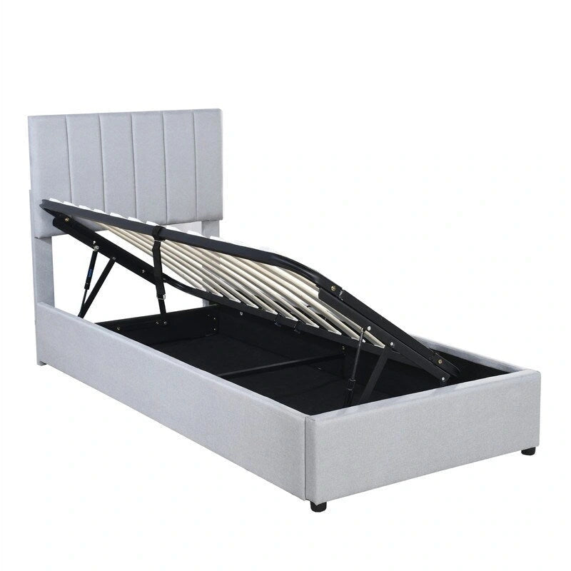 Lit de rangement relevable simple avec tête de lit et rangement inférieur, lit plateforme rembourré avec système de rangement hydraulique