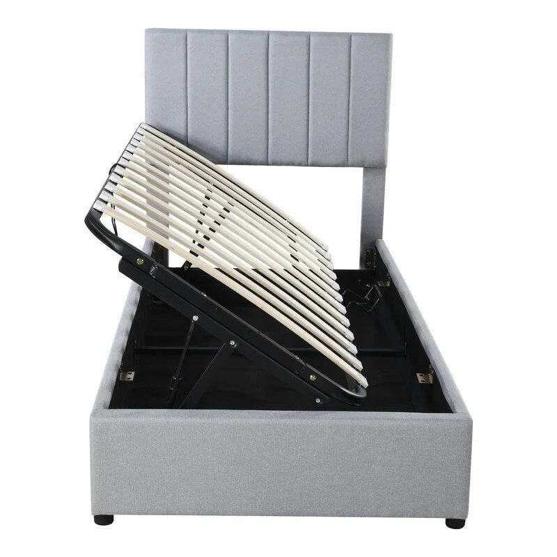 Lit de rangement relevable simple avec tête de lit et rangement inférieur, lit plateforme rembourré avec système de rangement hydraulique