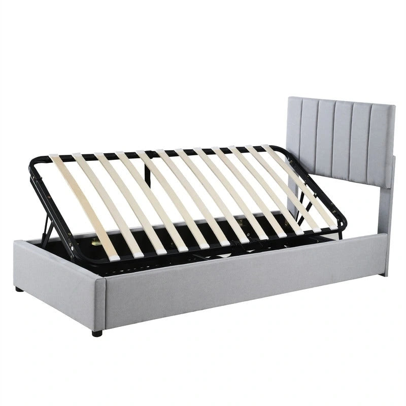 Lit de rangement relevable simple avec tête de lit et rangement inférieur, lit plateforme rembourré avec système de rangement hydraulique