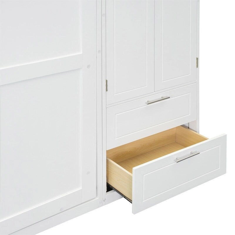 Lit escamotable Queen Size avec armoire, placards hauts et étagères de rangement, lit escamotable pliable avec 2 tiroirs