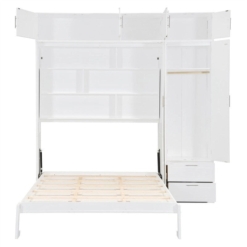 Lit escamotable Queen Size avec armoire, placards hauts et étagères de rangement, lit escamotable pliable avec 2 tiroirs