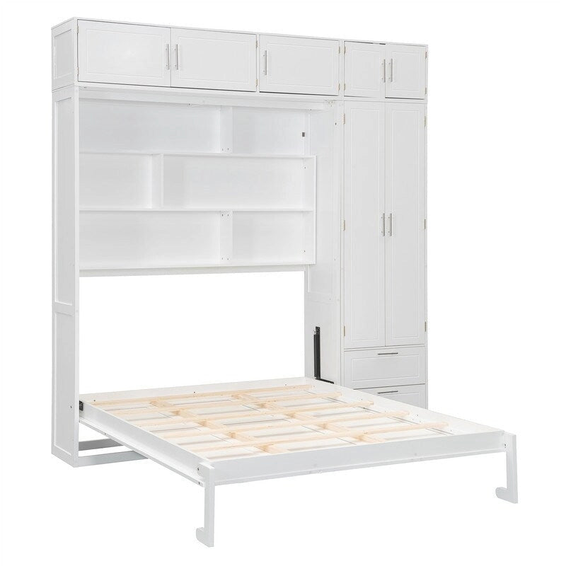 Lit escamotable Queen Size avec armoire, placards hauts et étagères de rangement, lit escamotable pliable avec 2 tiroirs