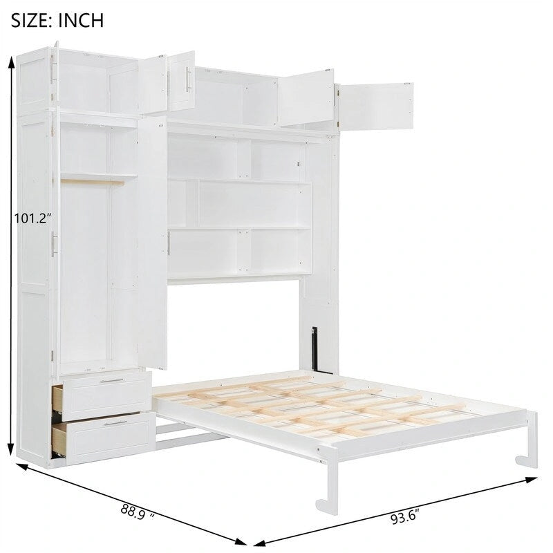 Lit escamotable Queen Size avec armoire, placards hauts et étagères de rangement, lit escamotable pliable avec 2 tiroirs
