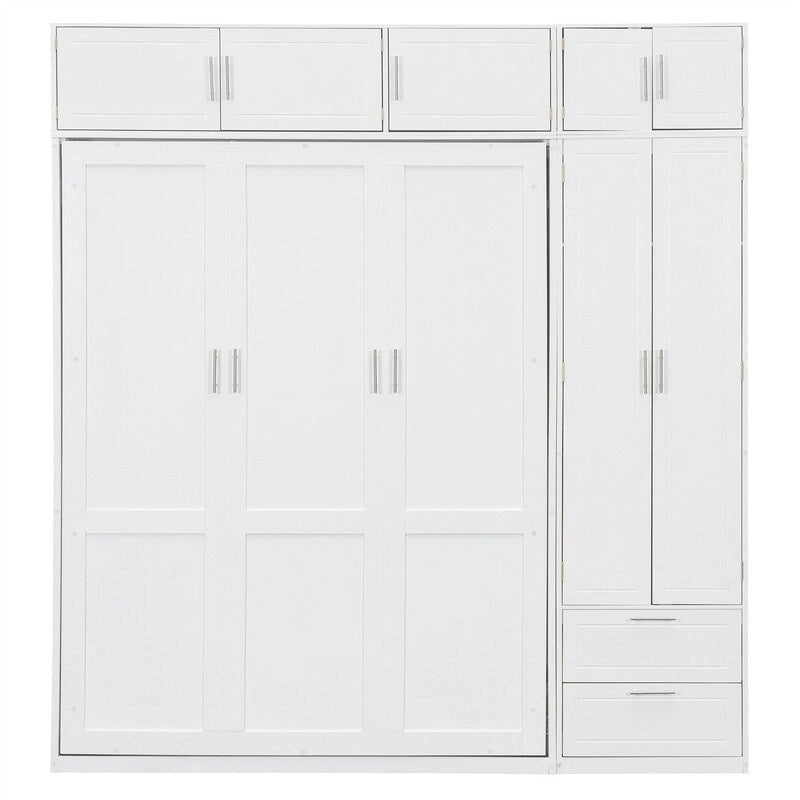 Lit escamotable Queen Size avec armoire, placards hauts et étagères de rangement, lit escamotable pliable avec 2 tiroirs