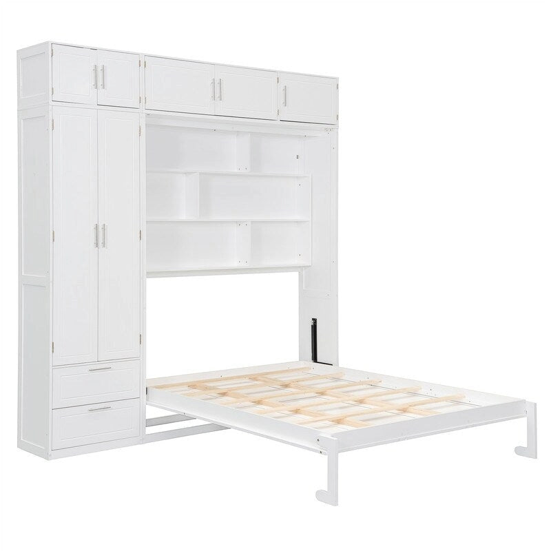 Lit escamotable Queen Size avec armoire, placards hauts et étagères de rangement, lit escamotable pliable avec 2 tiroirs