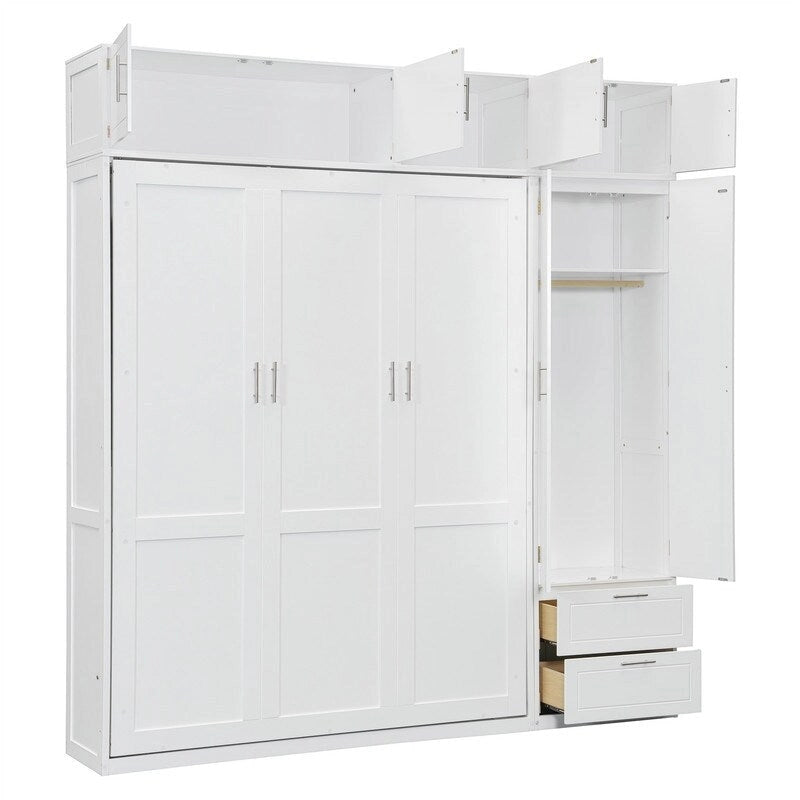 Lit escamotable Queen Size avec armoire, placards hauts et étagères de rangement, lit escamotable pliable avec 2 tiroirs