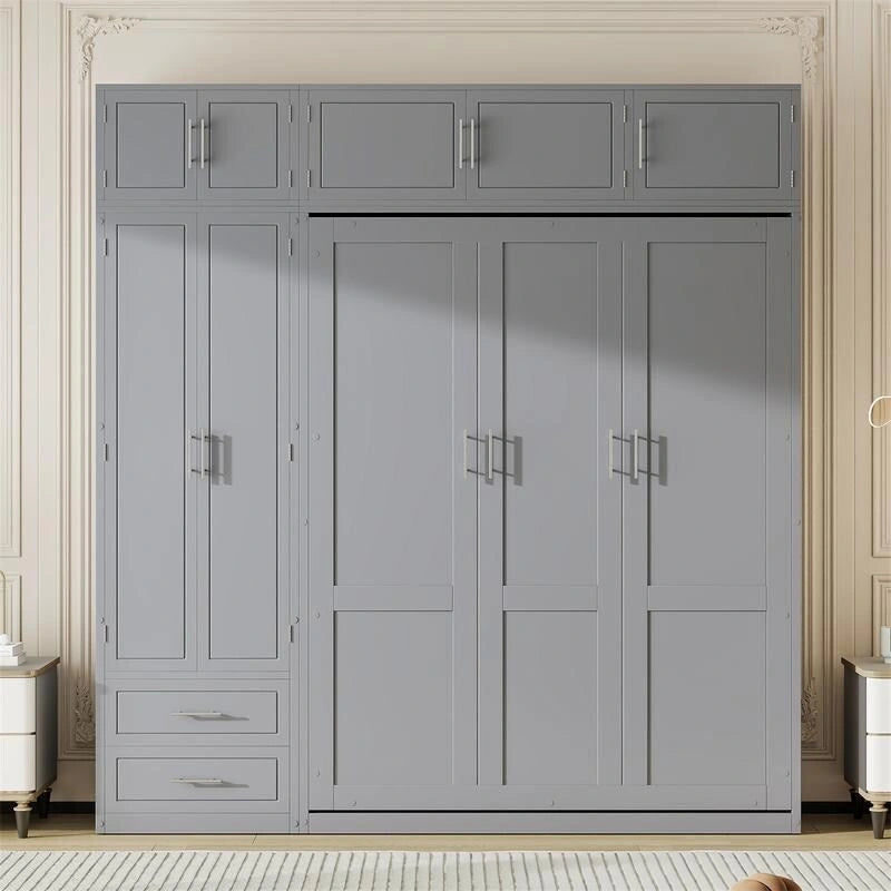 Lit escamotable Queen Size avec armoire, placards hauts et étagères de rangement, lit escamotable pliable avec 2 tiroirs