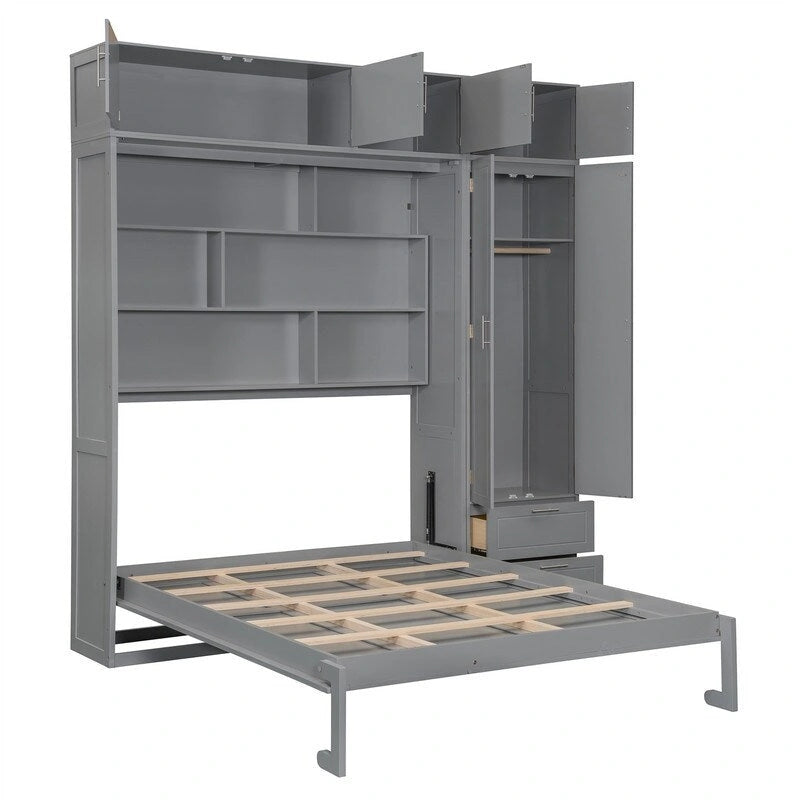 Lit escamotable Queen Size avec armoire, placards hauts et étagères de rangement, lit escamotable pliable avec 2 tiroirs