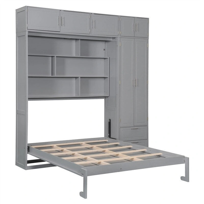 Lit escamotable Queen Size avec armoire, placards hauts et étagères de rangement, lit escamotable pliable avec 2 tiroirs