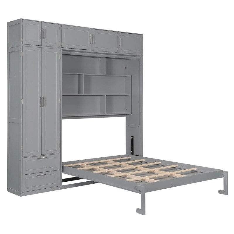 Lit escamotable Queen Size avec armoire, placards hauts et étagères de rangement, lit escamotable pliable avec 2 tiroirs