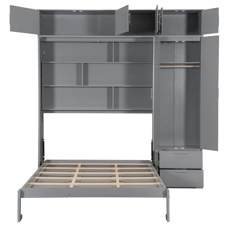 Lit escamotable Queen Size avec armoire, placards hauts et étagères de rangement, lit escamotable pliable avec 2 tiroirs