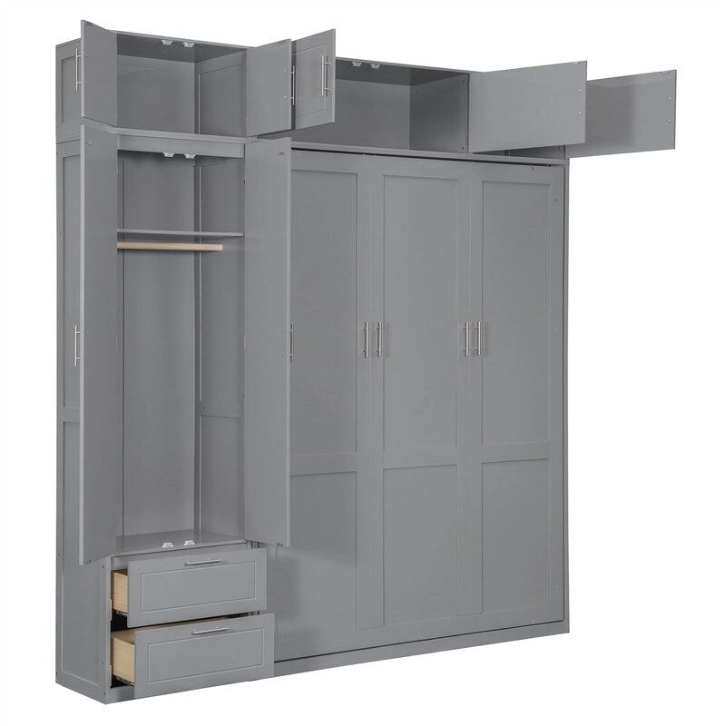 Lit escamotable Queen Size avec armoire, placards hauts et étagères de rangement, lit escamotable pliable avec 2 tiroirs