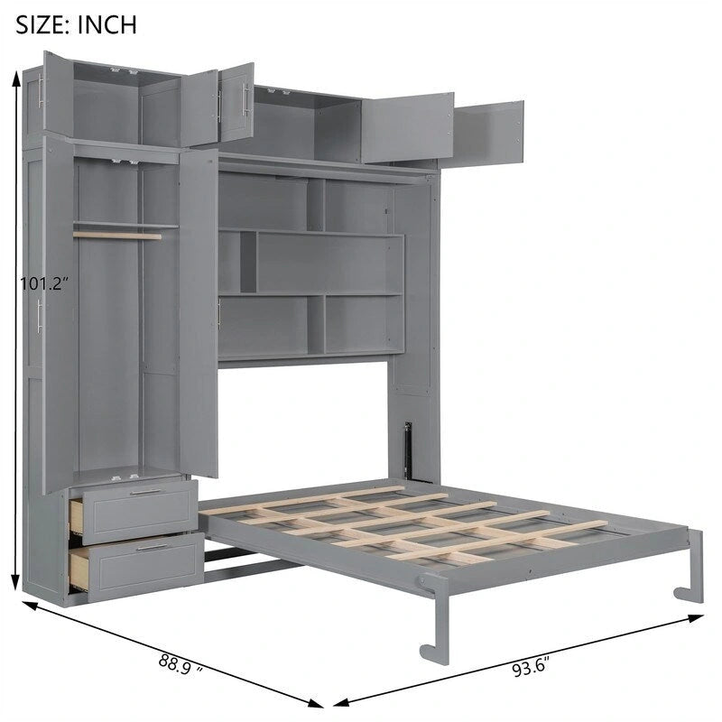 Lit escamotable Queen Size avec armoire, placards hauts et étagères de rangement, lit escamotable pliable avec 2 tiroirs