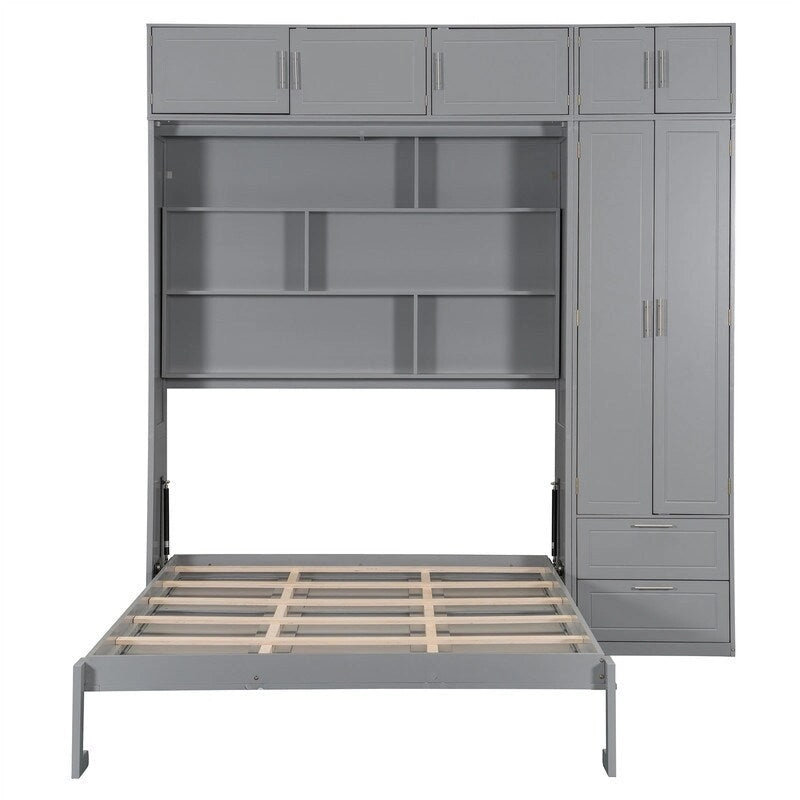Lit escamotable Queen Size avec armoire, placards hauts et étagères de rangement, lit escamotable pliable avec 2 tiroirs
