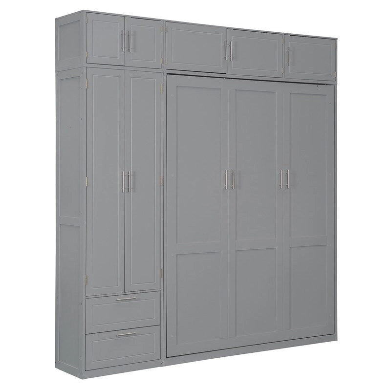 Lit escamotable Queen Size avec armoire, placards hauts et étagères de rangement, lit escamotable pliable avec 2 tiroirs