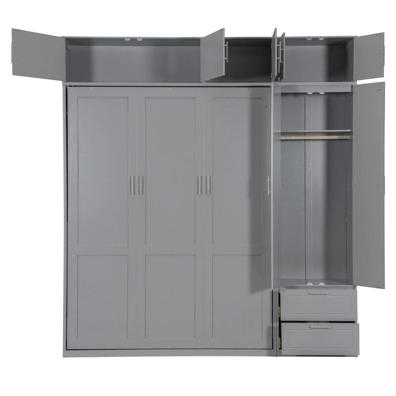 Lit escamotable Queen Size avec armoire, placards hauts et étagères de rangement, lit escamotable pliable avec 2 tiroirs