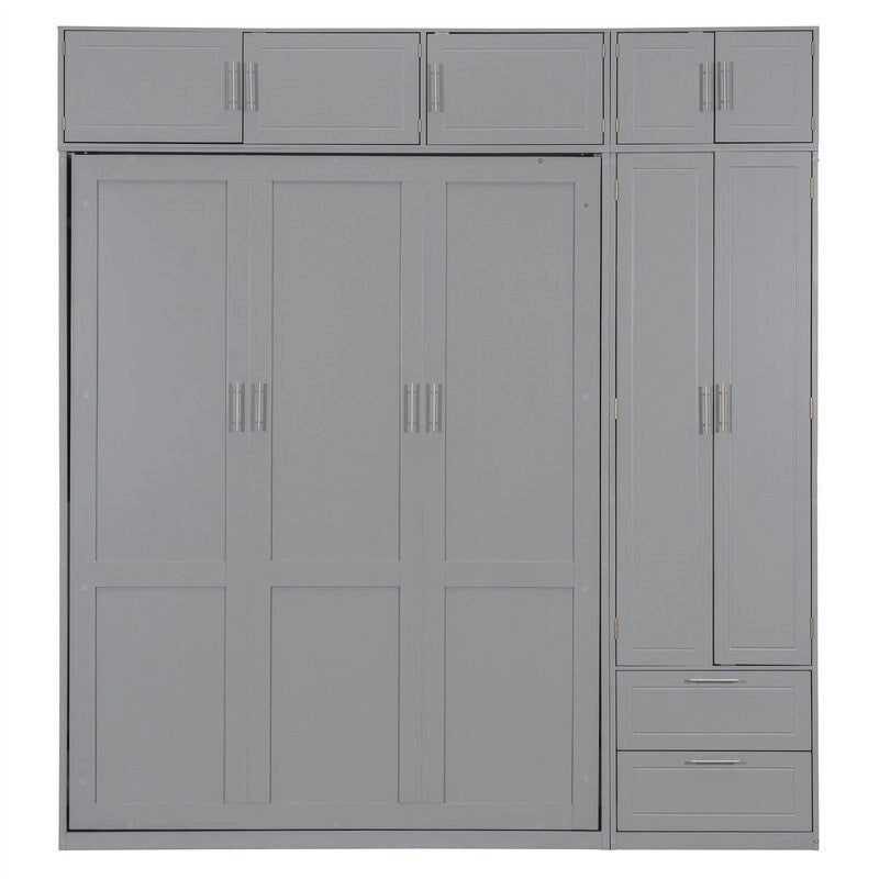 Lit escamotable Queen Size avec armoire, placards hauts et étagères de rangement, lit escamotable pliable avec 2 tiroirs