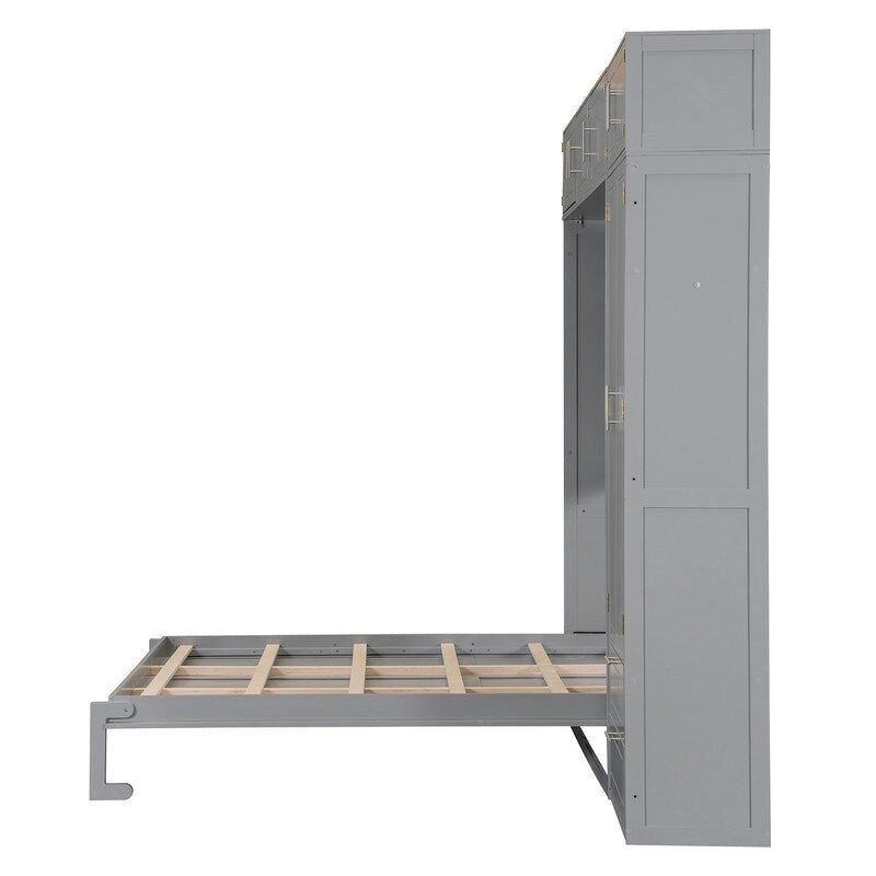 Lit escamotable Queen Size avec armoire, placards hauts et étagères de rangement, lit escamotable pliable avec 2 tiroirs