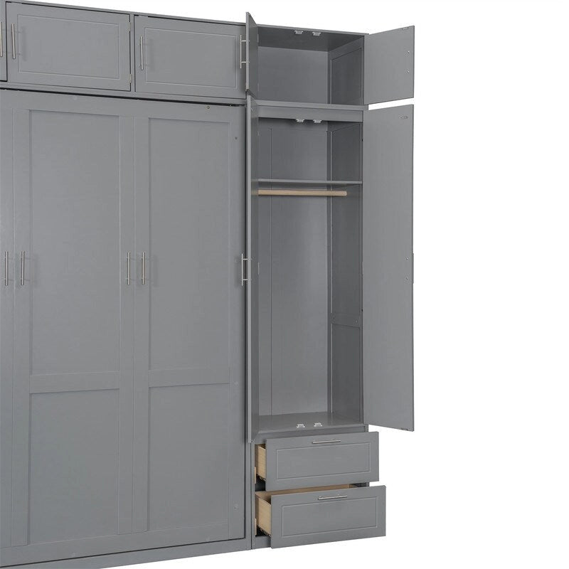 Lit escamotable Queen Size avec armoire, placards hauts et étagères de rangement, lit escamotable pliable avec 2 tiroirs
