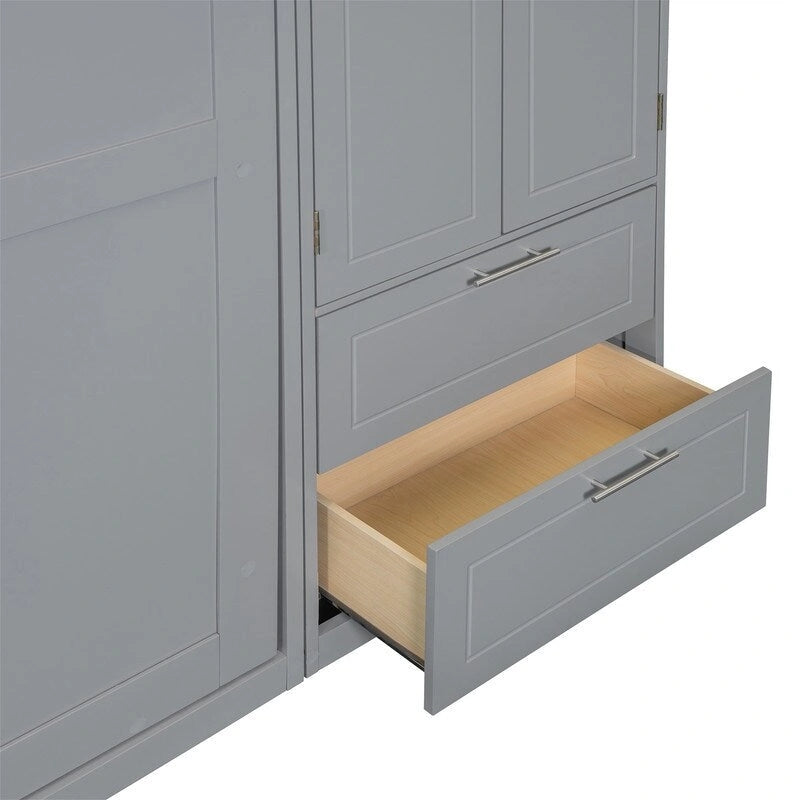 Lit escamotable Queen Size avec armoire, placards hauts et étagères de rangement, lit escamotable pliable avec 2 tiroirs