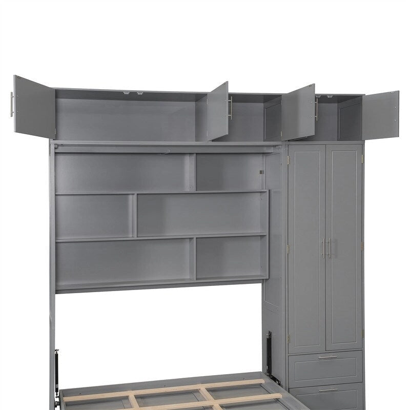 Lit escamotable Queen Size avec armoire, placards hauts et étagères de rangement, lit escamotable pliable avec 2 tiroirs