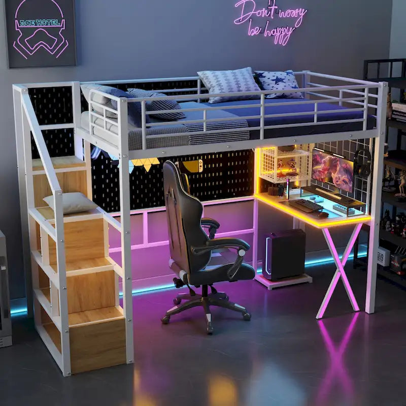 Lit mezzanine gamer en métal avec poste de travail intégré et armoire, lit mezzanine robuste avec escalier de rangement et lumières LED