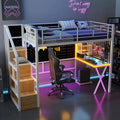Lit mezzanine gamer en métal avec poste de travail intégré et armoire, lit mezzanine robuste avec escalier de rangement et lumières LED