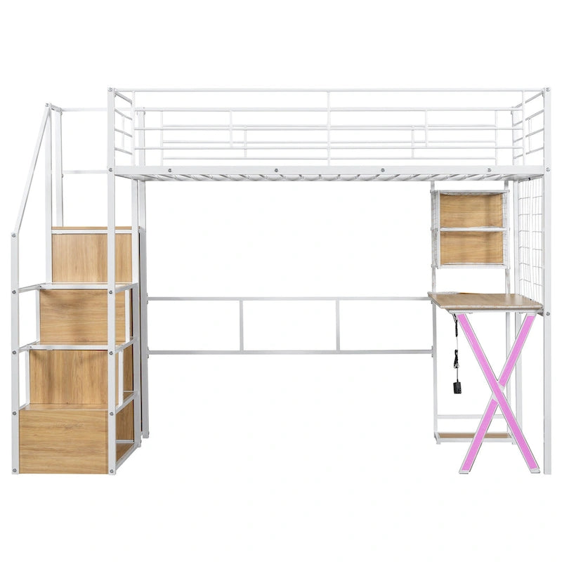 Lit mezzanine gamer en métal avec poste de travail intégré et armoire, lit mezzanine robuste avec escalier de rangement et lumières LED