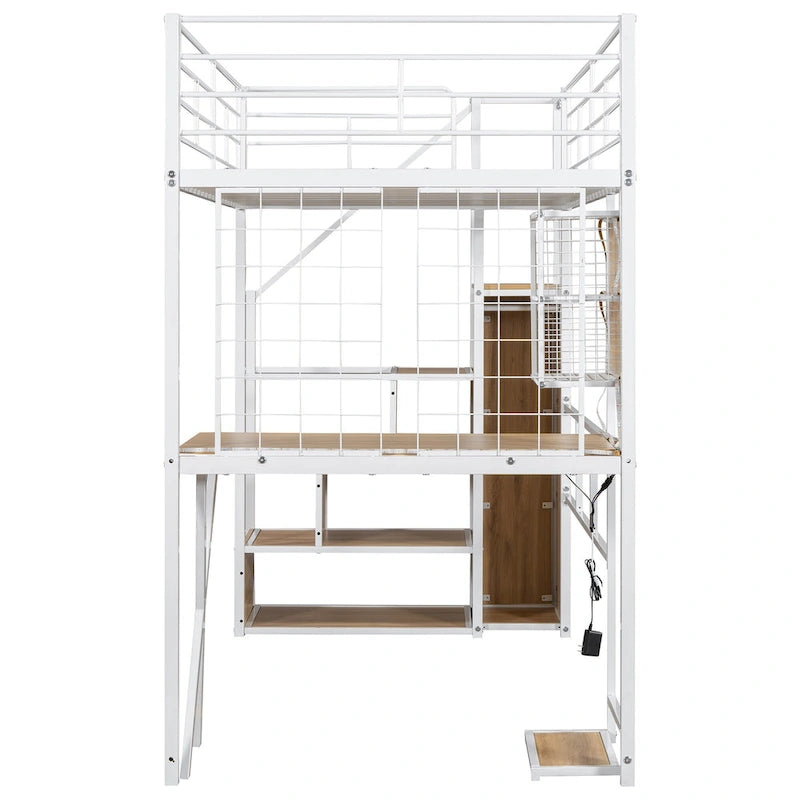 Lit mezzanine gamer en métal avec poste de travail intégré et armoire, lit mezzanine robuste avec escalier de rangement et lumières LED